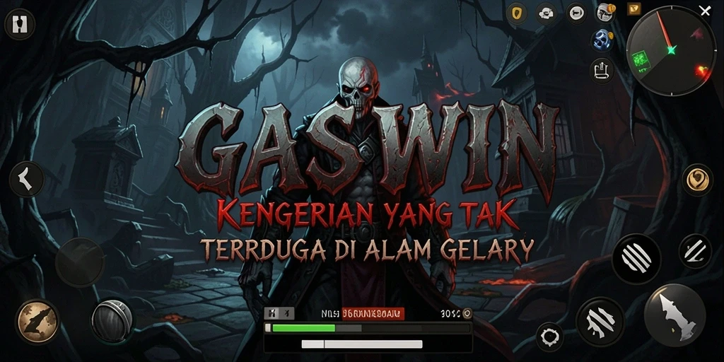 Screenshot gameplay GASWIN menampilkan adegan menegangkan di lokasi gelap.