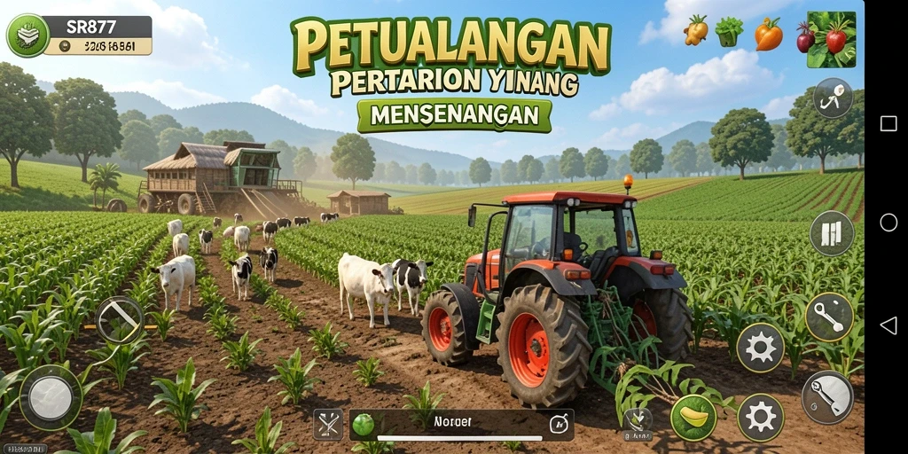 Tangkapan layar gameplay SR877 menunjukkan aktivitas pertanian yang seru.