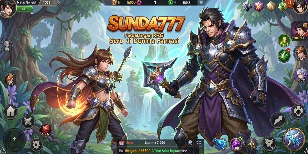 Screenshot SUNDA777 menampilkan pertarungan epik di dunia fantasi.